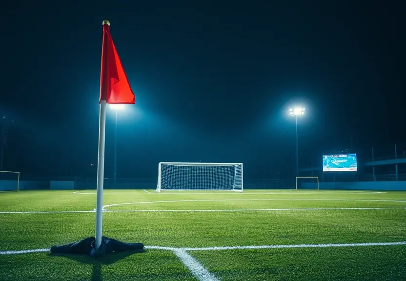 Campo de futebol a noite, visto da bandeirinha de escanteio